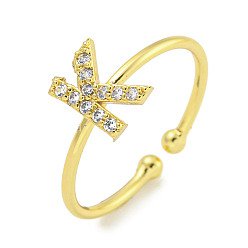 Letter K Латунные открытые манжеты для женщин, с кубического циркония, без кадмия и без свинца, долговечный, буквы, Письмо K, внутренний диаметр: 17.5 мм, Письмо: 8x6 мм