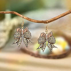 Фора Акриловые серьги-подвески ко Дню учителя, бантик с заячьими ушками, с фурнитурой для сережек из сплава, золотые, оранжевые, 57x34.5 мм