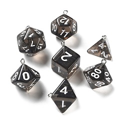 Black 7Pcs 7 Styles Transparent Resin Polyhedral Dice Pendants Set, Multi-Sided Dice Charms with Platinum Plated Iron Loops, Mixed Shapes, Black, 20~28x19~24x17~24mm, Hole: 2mm, 1pc/style