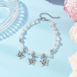 Хрусталь Браслеты из натурального кварцевого кристалла с бисером, браслеты с подвесками в виде бабочки из сплава для женщин, 7-7/8 дюйм (20 см) в длину + 41 удлинитель мм