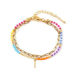 Letter I 304 Браслеты из нержавеющей стали с подвесками в виде букв, двухслойные, Эластичные браслеты из смоляных бусин для женщин, золотые, Буква "i", 6.50 дюйм (16.5 см) ~ 6.69 дюйм (17 см)