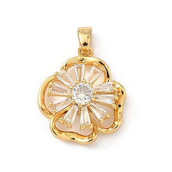 Цветок Вращающиеся латунные подвески из прозрачного кубического циркония с микропаве, реальный 18 k позолоченный, цветок, 19x16.5x8 мм, отверстие : 3.5x2.5 мм