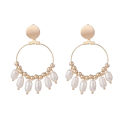 Golden Natural Pearl Dangle Stud Earrings, Brass Big Ring Drop Earrings for Women, Golden, 59mm, Pin: 0.7mm