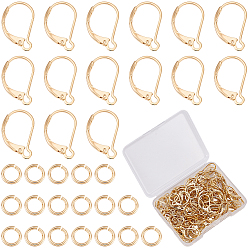 Настоящее золото 24K 100 шт. латунные серьги с рычагом, с латунными соединительными кольцами с покрытием стойки 100шт., открытые кольца прыжок, реальный 24 k позолоченный, 15.5x10x1.5 мм, штифты : 0.7 мм