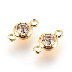 Crystal 304 Stainless Steel Rhinestone Links connectors, Flat Round, Golden, Crystal, 12x6.5x4mm, Hole: 2mm