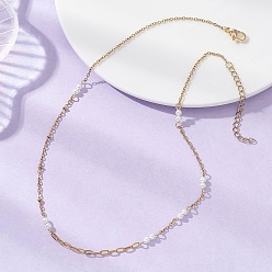 Золотой 304 Цепочка ручной работы из нержавеющей стали с белыми круглыми жемчужинами из ракушек., золотые, 15.59 дюйм (39.6 см)