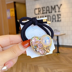 Pink Эластичное волокно связи волос, со стеклом и искусственным жемчугом, сердце, розовые, фурнитура: 35x35 мм