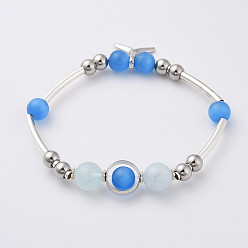 Blue Cat Eye Beads Stretch Bracelets, with Natural Aquamarine Beads, 304 Stainless Steel Beads, Brass Charms and Tube Beads, Whale Tail Shape, Blue, 2-1/8 inch(5.5cm)