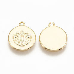 Plaqué 18K Or Véritable Charmes en laiton, plat et circulaire avec fleur, sans nickel, réel 18 k plaqué or, 11.5x10x1mm, Trou: 1mm