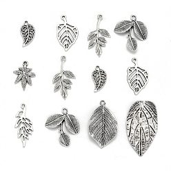 Antique Silver Mixed Style Tibetan Style Alloy Leaf Pendants, Antique Silver, 19~47x10~26x2~4mm, Hole: 2~4mm, about 50pcs/100g