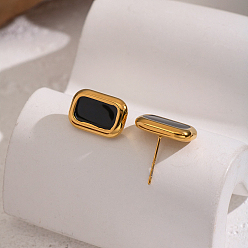 Настоящее золото 18K Прямоугольник 304 серьги шпилька нержавеющая сталь, с эмалью, чёрные, реальный 18 k позолоченный, 10x15.4 мм