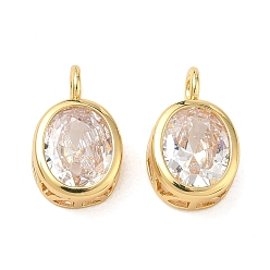 Golden Brass Pave Clear Cubic Zirconia Pendants, Oval Charms, Single Stone Charms, Rack Plating, Long-Lasting Plated, Lead Free & Cadmium Free, Golden, 16x10x4.5mm, Hole: 3mm