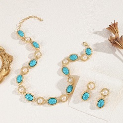 Бледно-бирюзовый Комплекты серег и ожерелий из овальной синтетической бирюзы и искусственного жемчуга для женщин, сплав ювелирных изделий, бледные бирюзовая, 400~450 мм