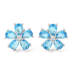 Светло-Голубой Серьги-гвоздики из латуни с микропаве из кубического циркония, долговечный, цветок, платина, Небесно-голубой, 14x14 мм