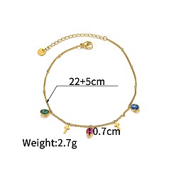 Разноцветный Богемный стиль 304 браслеты на лодыжку из нержавеющей стали с подвеской в виде овального креста, украшенные кубическим цирконием, реальный 18 k позолоченный, красочный, 8-5/8 дюйм (220 мм)