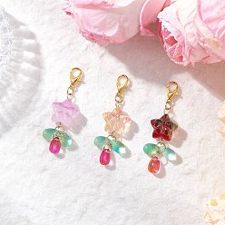 Золотой 3 шт. подвесные стеклянные бусины в форме капли в форме звезды, Сплав с застежками когтя омара, золотые, 50 мм