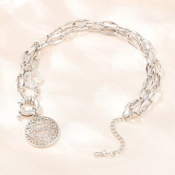 Платина Подвеска-колье ко Дню матери из латуни с микропаве из прозрачного кубического циркония, полая, плоская, круглая, с сердечком., без кадмия и без свинца, долговечный, стойки покрытие, платина, 16.65 дюйм (42.3 см)