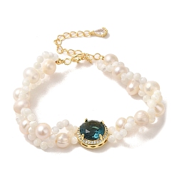 Real 14K Gold Plated Blue Zircon Rhinestone Flat Round Link Bracelets, Natural Pearl & Shell Beaded Bracelet, Real 14K Gold Plated, 5-3/4 inch(14.7cm)