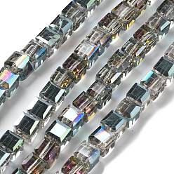 Темный Голубой Стеклянные бусины с гальваническим покрытием , кубические, граненые, темные голубые, 7x7x7 мм, отверстие : 1.4 мм, около 99 шт / нитка, 27.44'' (69.7 см)