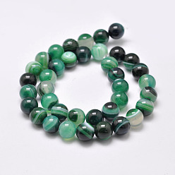 Sea Green Natural Striped Agate/Banded Agate Bead Strands, Dyed & Heated, Round, Grade A, Sea Green, 12mm, Hole: 1mm, about 32pcs/strand, 15.1 inch(385mm)