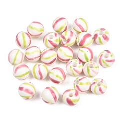 Flamingo Handmade Porcelain Beads, Hand Painted, Bright Glazed Porcelain, Round with Stripe, Flamingo, 10.5mm, Hole: 2.5mm