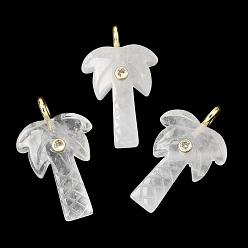 Хрусталь Резные подвески из натуральных кристаллов кварца, Подвески в виде кокосовых пальм из горного хрусталя с фурнитурой из прозрачного кубического циркония, выполненной из латуни методом микропаве., золотые, стойки покрытие, 35~36x21.5~22x0.5 мм, отверстие : 3.7 мм