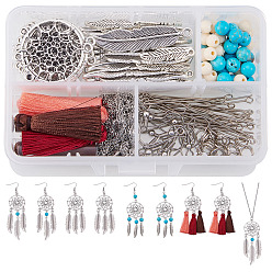 Mixed Color DIY Woven Net/Web with Feather Earring and Necklace Making, with Alloy Pendant, Nylon Tassel, Acrylic Bead, 304 Stainless Steel Rope Chain Necklace and 316 Stainless Steel Earring Hook, Mixed Color, 11x7x3cm
