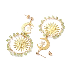Peridot Vintage Natural Peridot Ear Studs, with 304 Stainless Steel Findings, Ring with Moon, 68.5x40mm