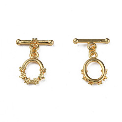 Real 18K Gold Plated Brass Toggle Clasps, Nickel Free, Oval with Flower, Real 18K Gold Plated, 26mm, Hole: 2mm