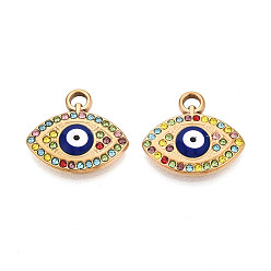 Темно-Синий 304 из нержавеющей стали горный хрусталь подвески, Злые чары глаз, с эмалью, вакуумное покрытие pvd, реальный 18 k позолоченный, темно-синий, 19x20.5x3~3.5 мм, отверстие : 2x3 мм