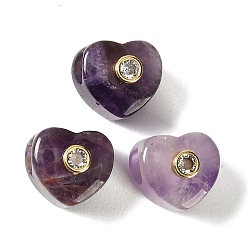 Amatista Amatista natural cuentas europeas, corazón cuentas grandes hoyos, con detalles de latón dorado micro pavé de circonita cúbica transparente, 12.5~13x13~14x12~13 mm, agujero: 5.5 mm