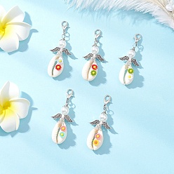 Античный Серебристый & Платиновый Абс пластик имитация жемчуга подвеска docorations, с застежками-карабинами из цинкового сплава и ракушкой, ангел, старинное серебро и платина, 55 мм