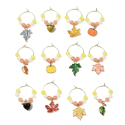 Mixed Color Autumn Theme Alloy Enamel with Glass Wine Glass Charms, with Brass Hoop Earring Findings, Leaf/Pumpkin/Pine Cone, Mixed Color, 39~56mm, 6 style, 2pcs/style, 12pcs/set
