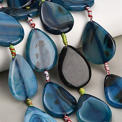 Steel Blue Natural Banded Agate/Striped Agate Beads Strands, Dyed & Heated, Teardrop, Steel Blue, 37.5~40.5x28~28.5x7.5~8mm, Hole: 2.5mm, about 8pcs/strand, 15.04~15.12''(38.2~38.4cm)