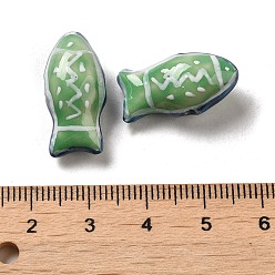 Lime Green Handmade Printed Porcelain Beads, Famille Rose Porcelain, Fish, Lime Green, 11x21.5~22x9mm, Hole: 1.5~1.8mm