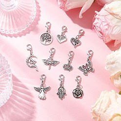 Античный Серебристый & Платиновый 10шт 10 стили подвеска из сплава в тибетском стиле украшения, с карабин-лобстерами , разнообразные, старинное серебро и платина, 25.5~35.5 мм, 1 шт / стиль
