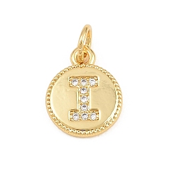 Letter I Breloques en laiton zircon cubique transparent, rond plat avec breloques en forme de lettre, plaqué longue durée, sans plomb et sans cadmium, crémaillère plaquage, réel 18 k plaqué or, lettre i, 12.5x10x1.5mm, Trou: 3mm