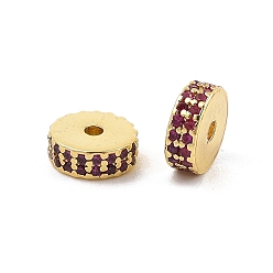 Фуксин Стойки обшивки латунь микро проложить кубического циркония бусы, долговечный, без свинца и без кадмия, Плоский круглый / диск, реальный 18 k позолоченный, фуксиново-красные, 7.5x3 мм, отверстие : 1.4 мм