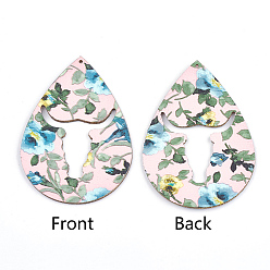 Colorful PU Leather Big Pendants, Teardrop with Bull, Colorful, 69.5x48x2mm, Hole: 1.5mm