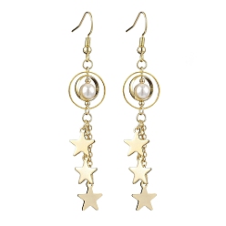 Golden Brass Dangle Earring, with Shell Pearl Bead, Star, Golden, 75x14mm
