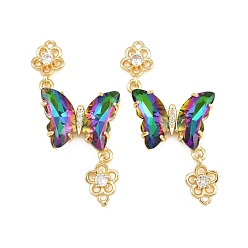 Colorful Brass Micro Pave Cubic Zirconia Connector Charms, Butterfly with Flower Links, with Glass, Lead Free & Cadmium Free, Long-Lasting Plated, Rack Plating, Real 18K Gold Plated, Colorful, 46x21x4mm, Hole: 1.4mm