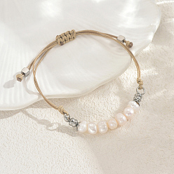 Bisque Bohemian Natural Cultured Pearl Rice Braided Bead Bracelets with 201 Stainless Steel Beads, Adjustable Cord Jewelry, Stainless Steel Color, Bisque, Inner Diameter: 2.36 inch(6cm)~2.76 inch(7cm)