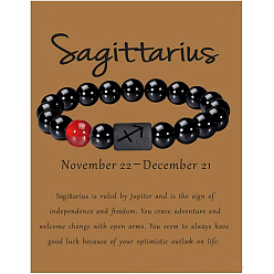 Стрелец 12 созвездие натуральные круглые сердоликовые бусины эластичные браслеты, с круглыми бусинами из черного агата, Стрелец, 1/4x2-3/8 дюйм (0.8x6 см)