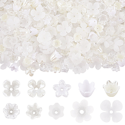 Белый 600 шт. 10 стили АБС-пластиковые колпачки для бусин с имитацией жемчуга и акрила, цветок, белые, 9~16x6~16.5x4.5~9 мм, отверстие : 1.4~2 мм, 60 шт / стиль