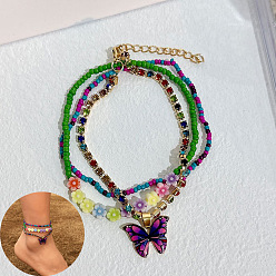 Зеленый лайм Комплекты многослойных браслетов на лодыжку из богемской смолы и стеклянных бусин, с подвесками в виде бабочек из сплава эмали, золотые, зеленый лайм, 9-1/8 дюйм (230 мм), 3 шт / комплект