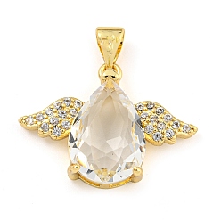 Clear Rack Plating Brass Micro Pave Clear Cubic Zirconia Pendants, with Glass, Long-Lasting Plated, Cadmium Free & Lead Free, Teardrop with Wing Charms, Clear, 17x23.5x7mm, Hole: 4.5x3.5mm