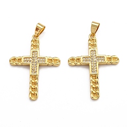 Real 18K Gold Plated Brass Micro Pave Clear Cubic Zirconia Pendants, Cadmium Free & Lead Free, Long-Lasting Plated, Cross, Real 18K Gold Plated, 35x25.5x2mm, Hole: 2.5x4.5mm