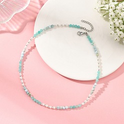 Larimar Colliers en larimar naturel rond à facettes et perles, couleur inox, 15.75 pouce (40 cm)