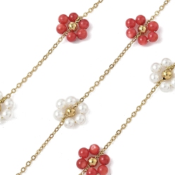 Красный 304 кабельные цепи из нержавеющей стали, цветок, с ракушечным жемчугом и искусственным жемчугом из АБС-пластика, ионное покрытие (ip), реальный 18 k позолоченный, пайки, с катушкой, красные, 8.5x9.5x3.5 мм, около 32.81 футов (10 м) / рулон