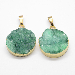 Medium Aquamarine Electroplated Natural & Dyed Druzy Agate Pendants, with Golden Plated Brass Findings, Flat Round, Medium Aquamarine, 27x23x9mm, Hole: 8x5mm